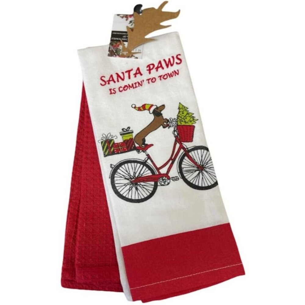Set of (2) Holiday Kitchen Towels (Red/White, Santa Paws)